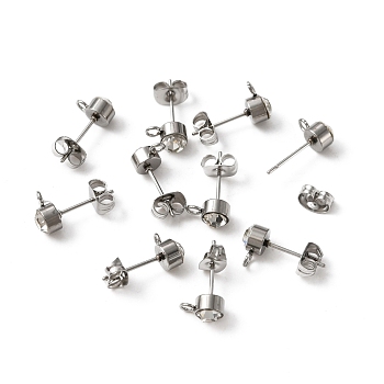 304 Stainless Steel Stud Earrings Findings, with Horizontal Loop and Crystal Rhinestone, Column, Stainless Steel Color, 8x5mm, Hole: 1.8mm, Pin: 0.7mm