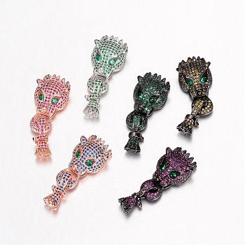 Brass Micro Pave Cubic Zirconia Twister Clasps, Dragon, Mixed Color, 37x14x8mm, Hole: 4mm
