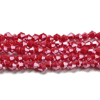 Opaque Solid Color Electroplate Glass Beads Strands, Pearl Luster Plated, Faceted, Bicone, Red, 4x4mm, Hole: 0.8mm, about 82~85pcs/strand, 12.01~12.2 inch(30.5~31cm)