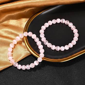 Dyed Natural Selenite Round Beaded Stretch Bracelets for Women, Pearl Pink, 3/8 inch(0.85cm), Inner Diameter: 2-1/4 inch(5.6cm)