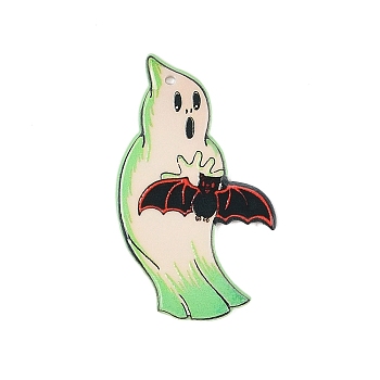 Halloween Theme Opaque Printed Acrylic Pendants, Ghost, 46x25.5x1.6mm, Hole: 2.2mm