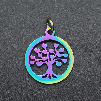 Ion Plating(IP) 201 Stainless Steel Pendants, with Jump Ring, Laser Cut, Ring with Tree of Life, Rainbow Color, 17.5x15x1mm, Jump Ring: 5x0.8mm, Inner Diameter: 3mm