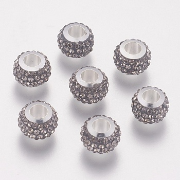 304 Stainless Steel European Beads, with Polymer Clay Rhinestone, Large Hole Beads, Rondelle, Black Diamond, 11x7.5mm, Hole: 5mm