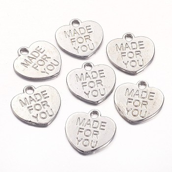 Tibetan Style Alloy Charms, Heart with Word MADE FOR YOU, Lead Free & Cadmium Free, Platinum, 16x15x1mm, Hole: 2mm