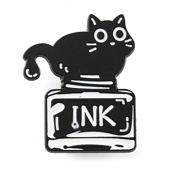 Cartoon Cat & Ink Bottle Enamel Pins, Black Zinc Alloy Badge, Black, 29.5x23.5x1mm