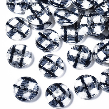 Resin Buttons, 4-Hole, Flat Round with Tartan Pattern, Prussian Blue, 13x2.5mm, Hole: 1.6mm, about 1000pcs/bag