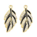 Alloy Black Enamel Pendants, with Crystal Rhinestone, Leaf Charms, Rack Plating, Golden, 29.5x14x2mm, Hole: 2mm(FIND-C095-03G)