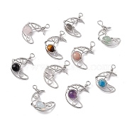 Natural & Synthetic Mixed Gemstone Pendants, with Rack Plating Platinum Tone Brass Findings, Cadmium Free & Lead Free, Moon, 31.5~33x22x8.5mm, Hole: 2.5~3mm(G-H281-41P)