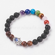 Chakra Jewelry, Natural Lava Rock Stretch Bracelets, with Natural & Synthetic Mixed Stone and Sandalwood, Evil Eye Lampwork and Alloy Findings, Hamsa Hand, Burlap Packing, 2 inch(5.2cm)(BJEW-JB03773-01)