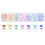 175Pcs 7 Colors White Opaque Acrylic Beads, Cube with Heart, Mixed Color, 6.5x6x6mm, Hole: 3mm, about 25pcs/color(MACR-YW0002-02)