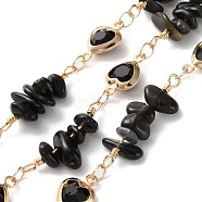 Handmade Brass Glass Square Link Chains, with Natural Obsidian Chip Bead for Necklaces Bracelets Making, Long-Lasting Plated, Soldered, with Spool, Golden, 20x4~6.5x3~5mm, about 16.40 Feet(5m)/Roll(CHC-F019-11G-03)