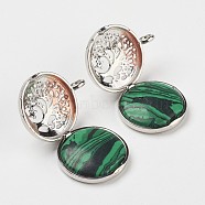 Synthetic Malachite Pendants, with Brass Diffuser Locket Findings, Flat Round with Tree, 31x25x8mm, Hole: 4mm(G-G910-B01)