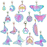 201 Stainless Steel Filigree Pendant Decoration, with 304 Stainless Steel Lobster Claw Clasps, Butterfly/Moth/Dog Paw Print, Rainbow Color, 25~59mm, 16 style, 1pc/style, 16pcs/set(HJEW-AB00416)