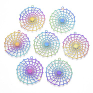 Ion Plating(IP) 201 Stainless Steel Filigree Pendants, Etched Metal Embellishments, Spider Web, Rainbow Color, 32.5x30.5x0.4mm, Hole: 1.8mm(STAS-T057-20)