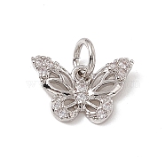Brass Micro Pave Cubic Zirconia Charms, with Jump Rings, Butterfly Charms, Platinum, 8x12x2mm, Hole: 3.4mm(ZIRC-F132-14P)