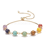 Natural & Synthetic Mixed Gemstone Braided Link Slider Bracelet, 7 Chakra Brass Wire Wrap Jewelry for Women, Golden, Beads: 19x9mm, Inner Diameter: 1-1/8~4 inch(2.8~10cm)(BJEW-TA00137-02)