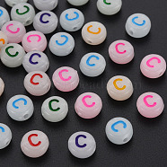 Acrylic Beads, Glow in the Dark, with Enamel and Luminous, Horizontal Hole, Flat Round with Alphabet, Letter.C, 6.5x7x4mm, Hole: 1.6mm, about 3600pcs/500g(MACR-N008-58C)