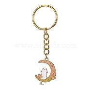 Moon with Rabbit Alloy Enamel Pendant Keychain, with Iron Split Key Rings, Cat Shape, 8cm.(KEYC-JKC00623-05)