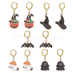 Halloween Theme Alloy Enamel Hoop Earrings for Women, Brass Dangle Earring, Pumpkin/Witch Hat/Bat/Ghost, Mixed Color, 33~55mm, Pin: 1mm(EJEW-JE05227)