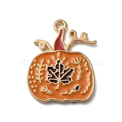 Thanksgiving Day Golden Tone Alloy Enamel Pendants, Pumpkin with Maple Leaf, 23x17.5x1.5mm, Hole: 1.8mm(X-ENAM-M002-02I-G)