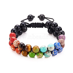 Round Imperial Jasper(Dyed) & Natural Obsidian & Tiger Eye Braided Bead Bracelet, Double Layer 7 Chakra Gemstone Bracelet for Women, Inner Diameter: 2-1/8~3 inch(5.4~7.5cm)(BJEW-SW00001-06)