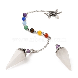 Natural Quartz Crystal Pointed Dowsing Pendulums, with Alloy Triple Moon Pentacles, Lead Free & Cadmium Free, Hexagonal Cone Charm, 263~266mm(G-F754-01C)