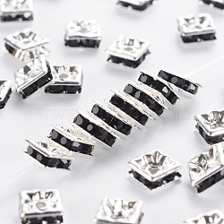 Brass Rhinestone Spacer Beads, Grade A, Square, Nickel Free, Black, Silver Color Plated, Size: about 6mmx6mmx3mm, hole: 1mm(RSB072-04S)