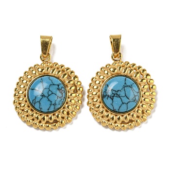 Ion Plating(IP) 304 Stainless Steel Pave Synthetic Turquoise Pendants, Flat Round Charms, Golden, 22x19.5x5.5mm, Hole: 5X3mm