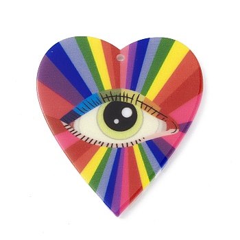 Printed Acrylic Pendants, Heart with Eye Charm, Colorful, 47.5x42.5x2.5mm, Hole: 1.6mm