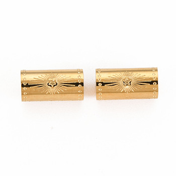 304 Stainless Steel Beads, Column with Star, Real 14K Gold Plated, 12x6mm, Hole: 1.8mm