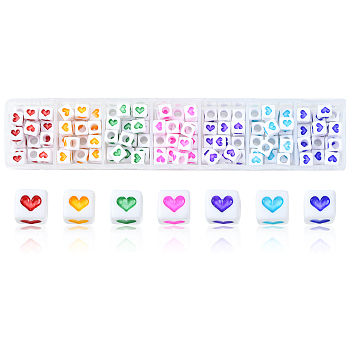 175Pcs 7 Colors White Opaque Acrylic Beads, Cube with Heart, Mixed Color, 6.5x6x6mm, Hole: 3mm, about 25pcs/color