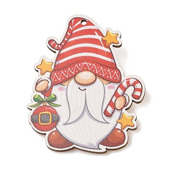 Christmas Theme Wood Printed Brooches for Women, Iron Pins, Gnome, 55x43.5mm, hole: 2mm