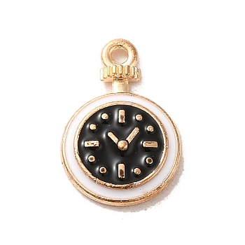 Alloy Enamel Pendants, Light Gold, Flat Round with Clock Charm, Black, 17x11.5x2.5mm, Hole: 1.4mm