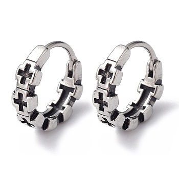 316 Stainless Steel Cross Hoop Earrings for Men Women, Antique Silver, 15x15x4mm, Pin: 1mm