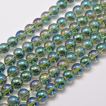 Electroplated Synthetic Quartz Bead Strands, Round, Full Rainbow Plated, Sea Green, 8mm, Hole: 1mm, about 50pcs/strand, 15.7 inch