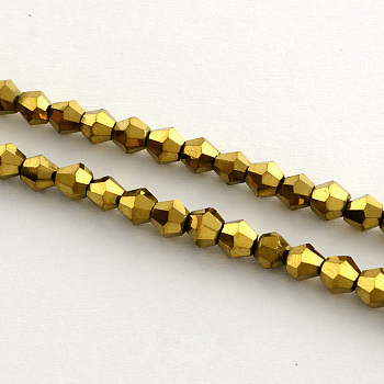 Electroplate Glass Bead Strands, Rainbow Plated, Faceted Bicone, Golden Plated, 3x3.5mm, Hole: 1mm, about 125~130pcs/strand, 18 inch