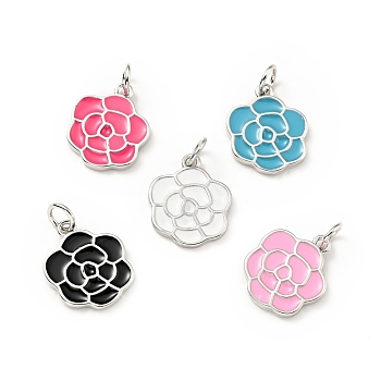 Brass Enamel Pendants, with Jump Rings, Cadmium Free & Lead Free, Flower, Platinum, Mixed Color, 18.5mm, Hole: 3.5mm