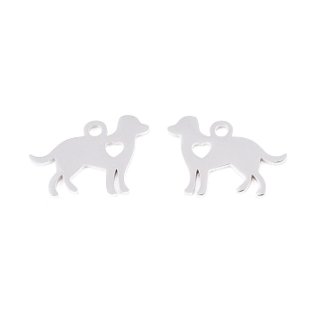 Non-Tarnish 304 Stainless Steel Puppy Silhouette Charms, Dog with Heart, Stainless Steel Color, 11x15.5x1mm, Hole: 1.5mm