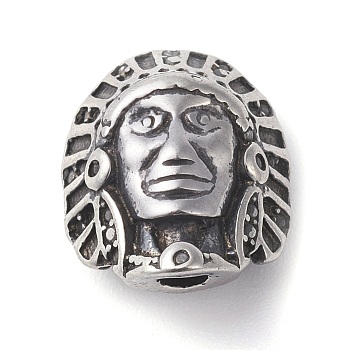 316 Surgical Stainless Steel Beads, Indian Head, Antique Silver, 14x11.5x6.5mm, Hole: 2mm