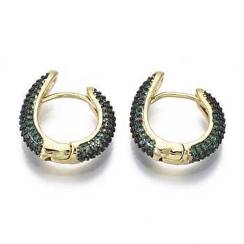 Brass Micro Pave Cubic Zirconia Huggie Hoop Earrings, Nickel Free, Ring, Real 16K Gold Plated, Green, 19x18x4.5mm, Pin: 1mm