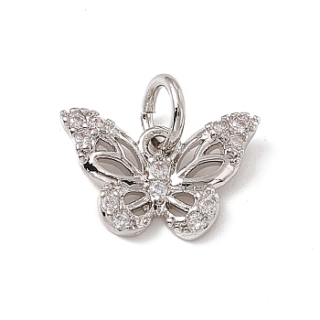 Brass Micro Pave Cubic Zirconia Charms, with Jump Rings, Butterfly Charms, Platinum, 8x12x2mm, Hole: 3.4mm