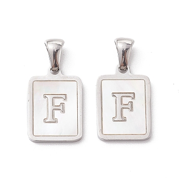 304 Stainless Steel Pave Shell Pendants, Rectangle Charm, Stainless Steel Color, Letter F, 17.5x12x1.5mm, Hole: 3x5mm