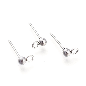 304 Stainless Steel Ear Stud Components, with Loop, Ball, Stainless Steel Color, 14x3mm, Hole: 1.6~1.8mm, Pin: 0.7mm