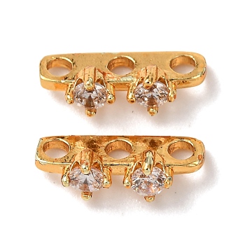 Brass Pave Clear Cubic Zirconia 3-Hole Spacer Bars, Rectangle, Real 18K Gold Plated, 11.5x3.5x4.5mm, Hole: 1.5mm