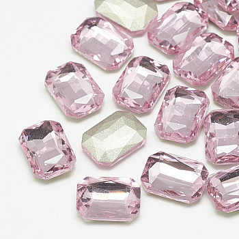 Pointed Back Glass Rhinestone Cabochons, Faceted, Rectangle Octagon, Light Rose, 14x10x4mm