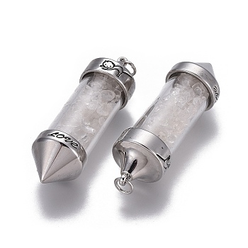 Natural Quartz Crystal Big Pointed Pendants, Rock Crystal, Dowsing Pendulum Pendants Making, with Brass Findings, Bullet, Antique Silver, 57x17mm, Hole: 4mm