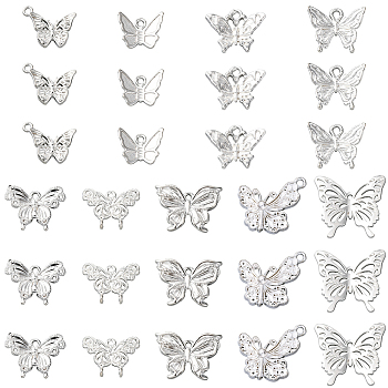54Pcs 9 Styles Alloy Pendants, Butterfly, Silver, 11~20x13~21x2~4mm, Hole: 1.2~2.5mm, 6pcs/style