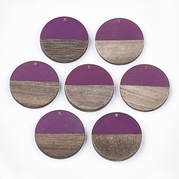 Resin & Walnut Wood Pendants, Flat Round, Medium Violet Red, 28.5x3.5~4mm, Hole: 1.5mm