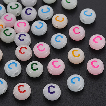 Acrylic Beads, Glow in the Dark, with Enamel and Luminous, Horizontal Hole, Flat Round with Alphabet, Letter.C, 6.5x7x4mm, Hole: 1.6mm, about 3600pcs/500g