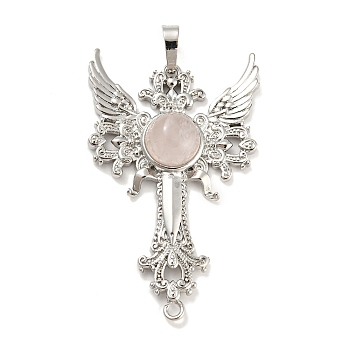 Natural Rose Quartz Big Pendants, Cross with Wing Charms, with Platinum Plated Brass Findings, 52.5x32x7~7.5mm, Hole: 4x8mm & 2mm